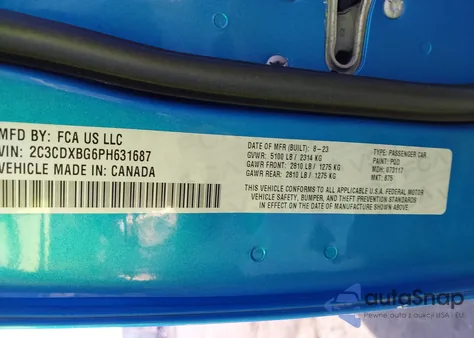 2023 Dodge Charger Sxt из США, поврежденный, VIN 2C3CDXBG6PH631687